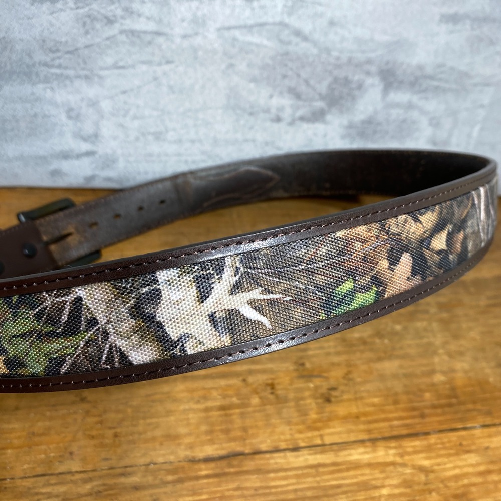 Mens Camo Canvas Belt Genuine Leather Lined Brown Trim Size 36 Hunting Outdoor